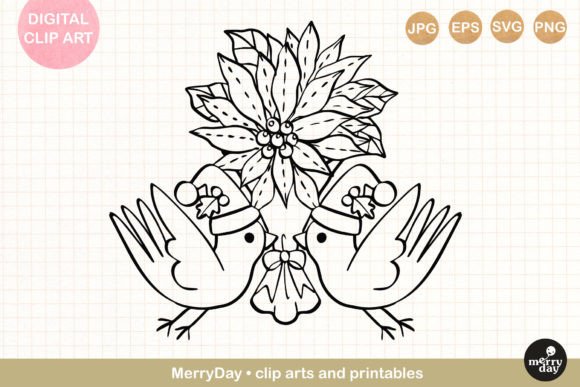 Christmas Flower with Birds Line Art: Graphics & Illustrations
